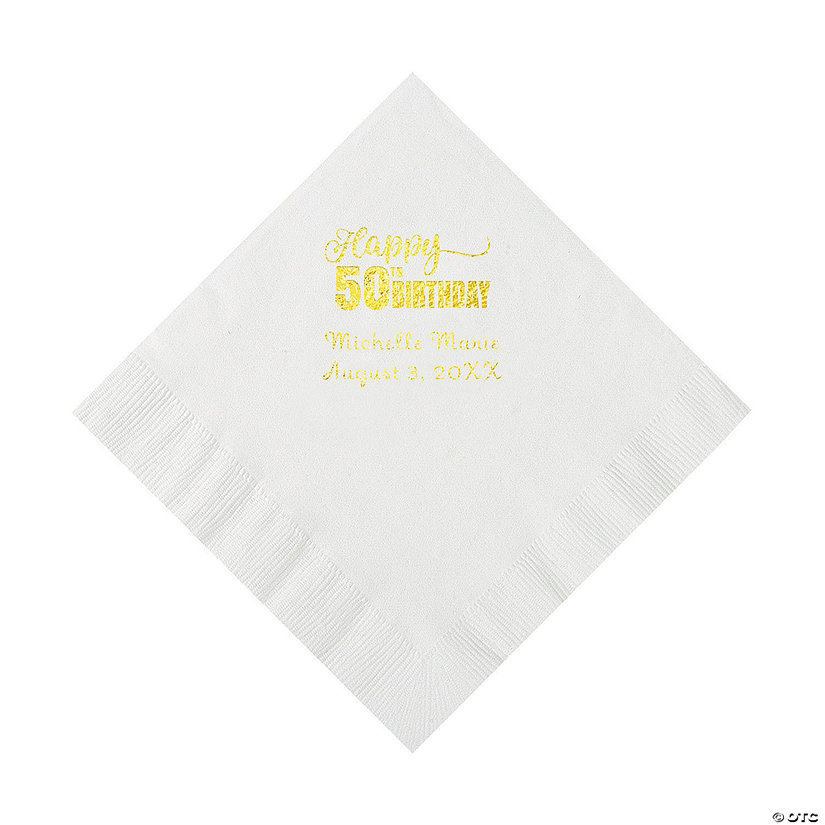 White 50th Birthday Personalized Napkins with Gold Foil &#8211; - 50 Pc. Luncheon Image
