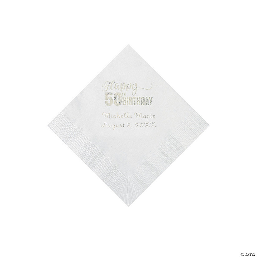 White 50th Birthday Personalized Napkins with Silver Foil - 50 Pc. Beverage Image Thumbnail