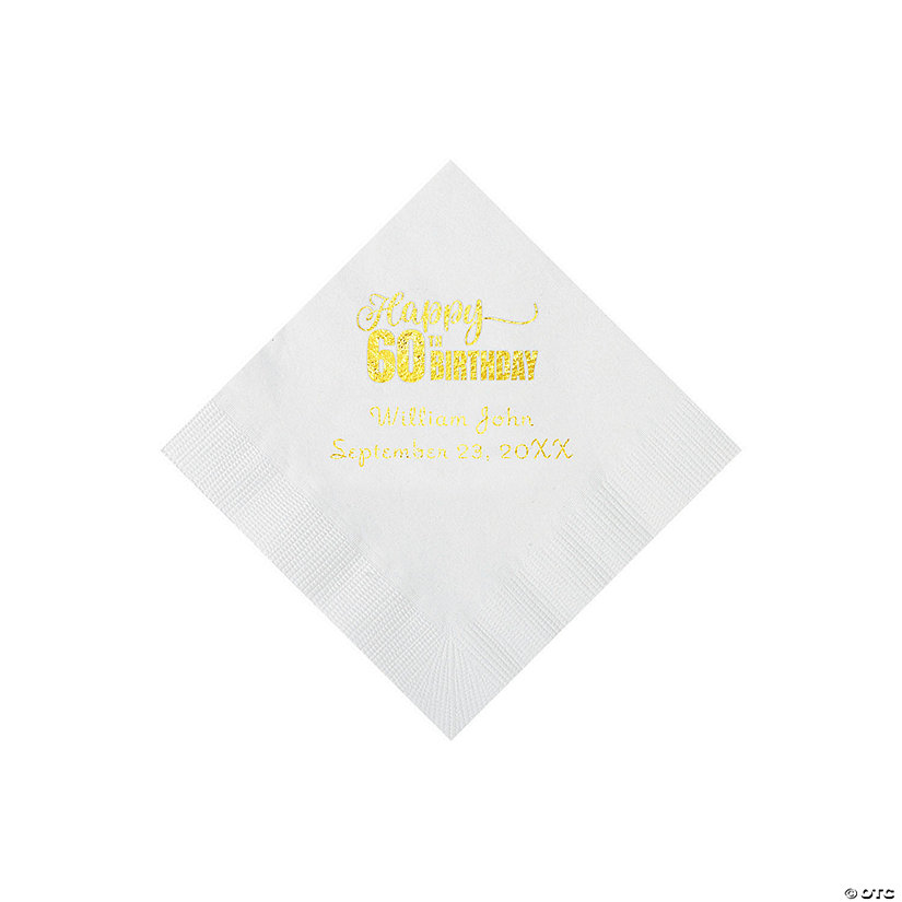 White 60th Birthday Personalized Napkins with Gold Foil - 50 Pc. Beverage Image Thumbnail