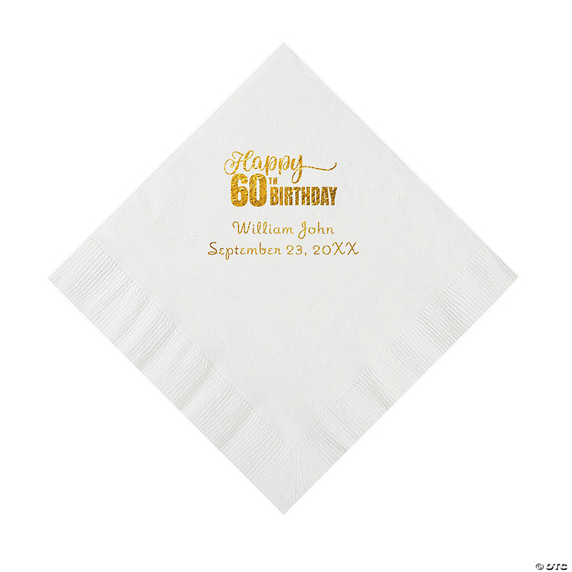 White 60th Birthday Personalized Napkins with Gold Foil - 50 Pc. Luncheon Image Thumbnail