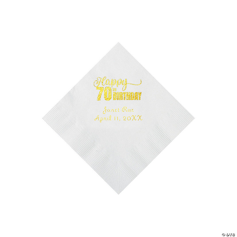 White 70th Birthday Personalized Napkins with Gold Foil - 50 Pc. Beverage Image Thumbnail