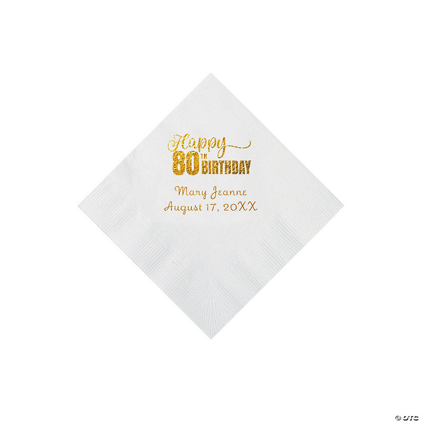 White 80th Birthday Personalized Napkins with Gold Foil - 50 Pc. Beverage Image