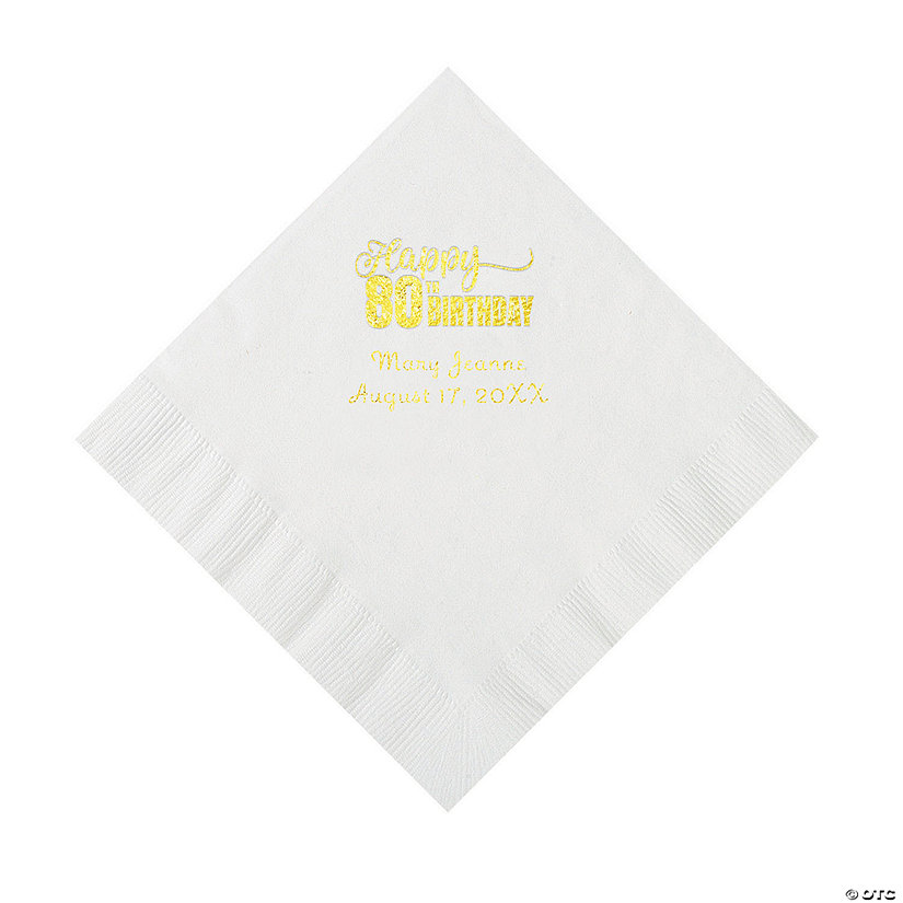White 80th Birthday Personalized Napkins with Gold Foil - 50 Pc. Luncheon Image