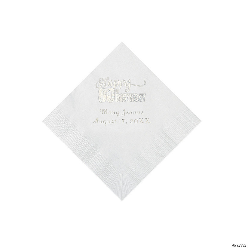 White 80th Birthday Personalized Napkins with Silver Foil - 50 Pc. Beverage Image Thumbnail