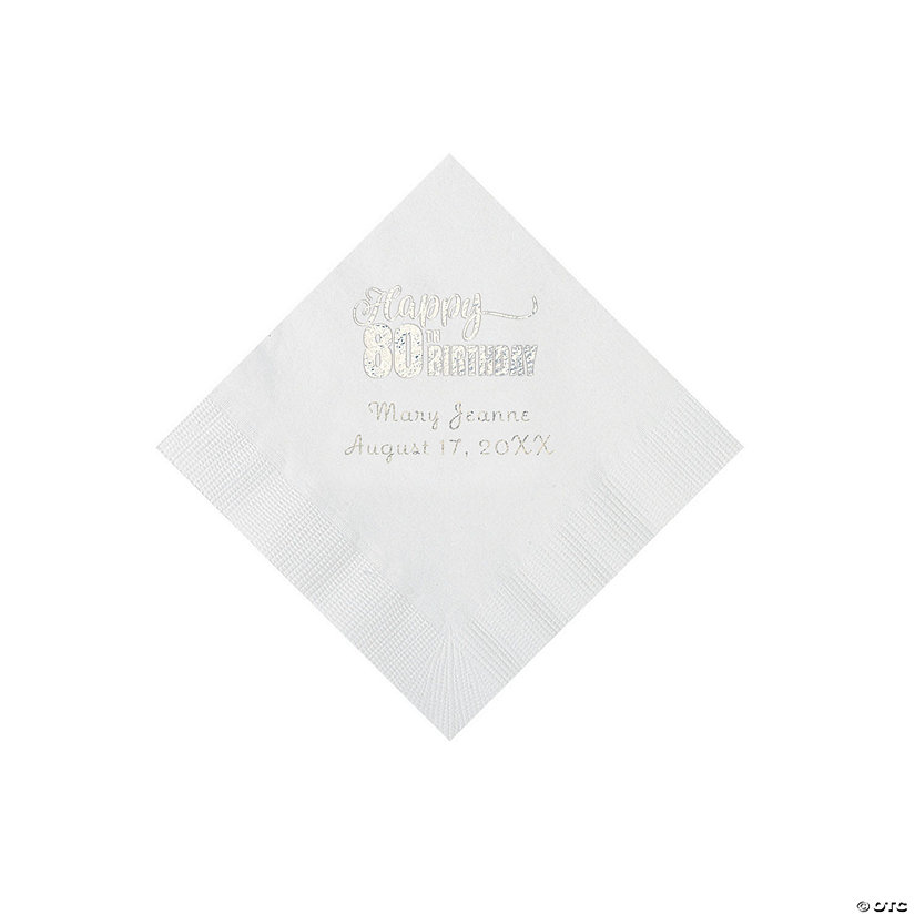 White 80th Birthday Personalized Napkins with Silver Foil - Beverage ...