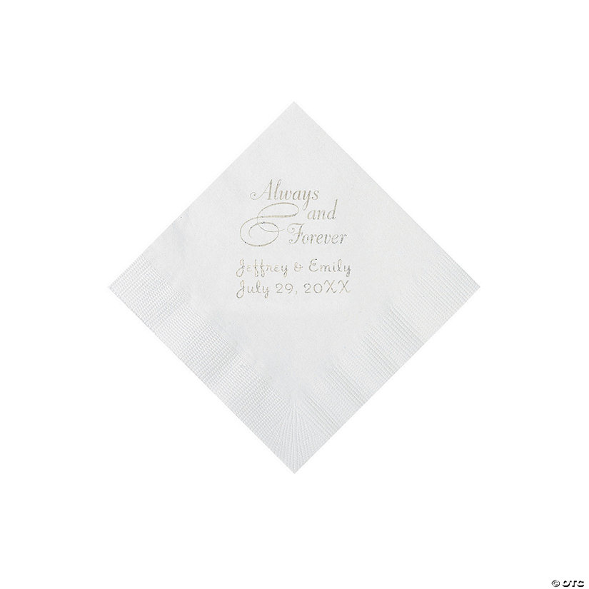 White Always & Forever Personalized Napkins with Silver Foil - Beverage Image Thumbnail