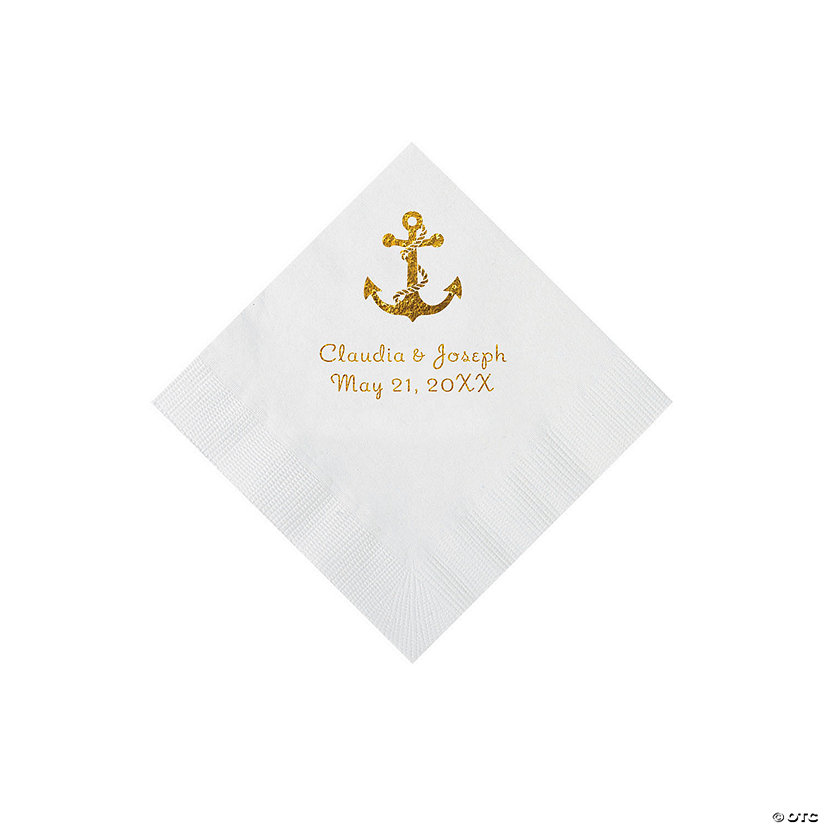 White Anchor Personalized Napkins with Gold Foil - Beverage Image Thumbnail
