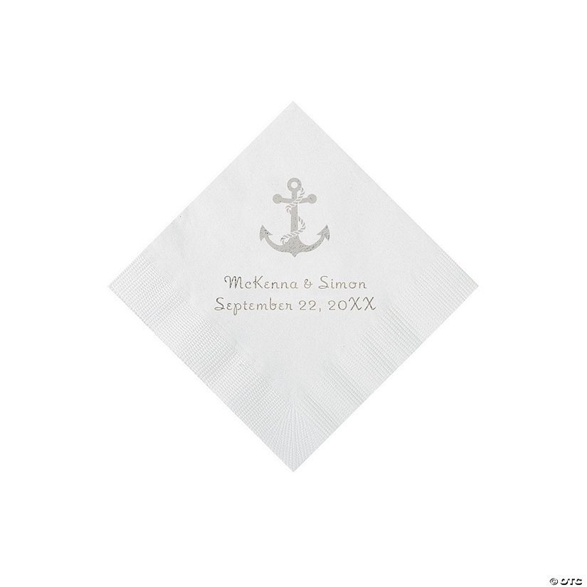 White Anchor Personalized Napkins with Silver Foil - Beverage Image