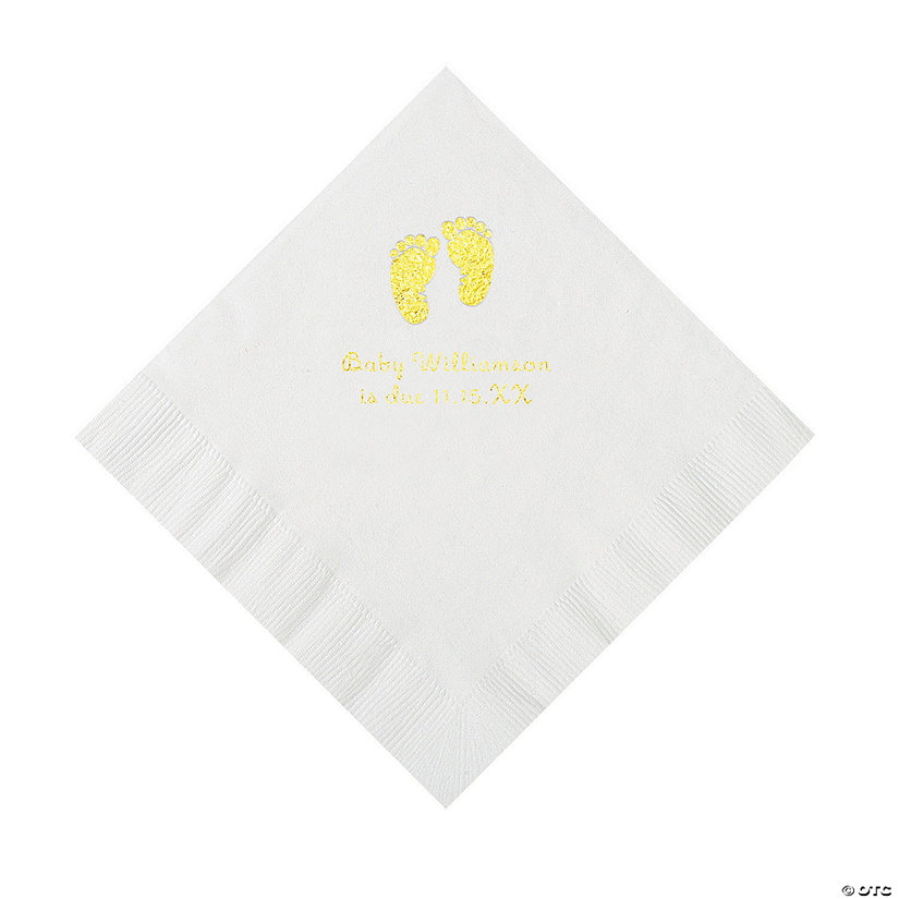 White Baby Feet Personalized Napkins with Gold Foil - 50 Pc. Image