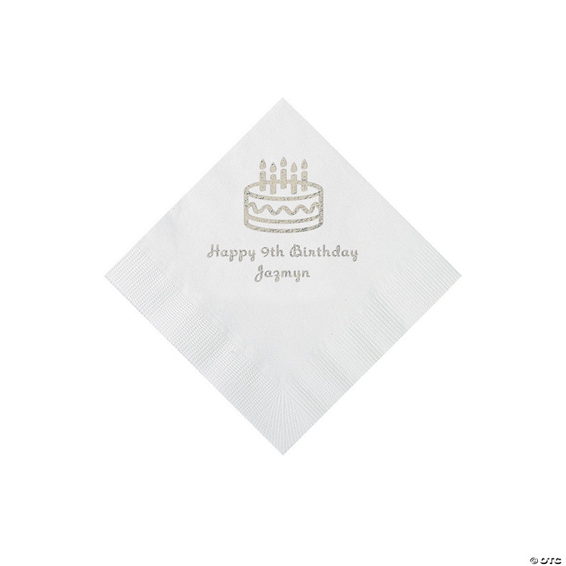White Birthday Cake Personalized Napkins with Silver Foil - 50 Pc. Beverage Image