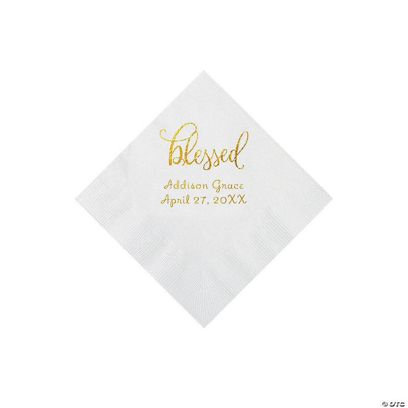 White Blessed Personalized Napkins with Gold Foil - 50 Pc. Beverage Image