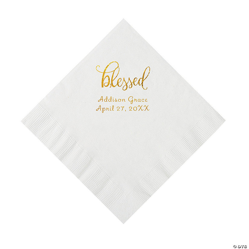 White Blessed Personalized Napkins with Gold Foil - 50 Pc. Luncheon Image