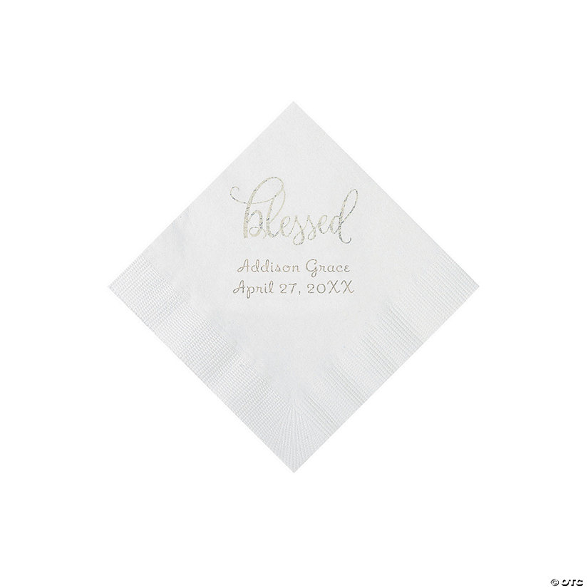 White Blessed Personalized Napkins with Silver Foil - 50 Pc. Beverage Image