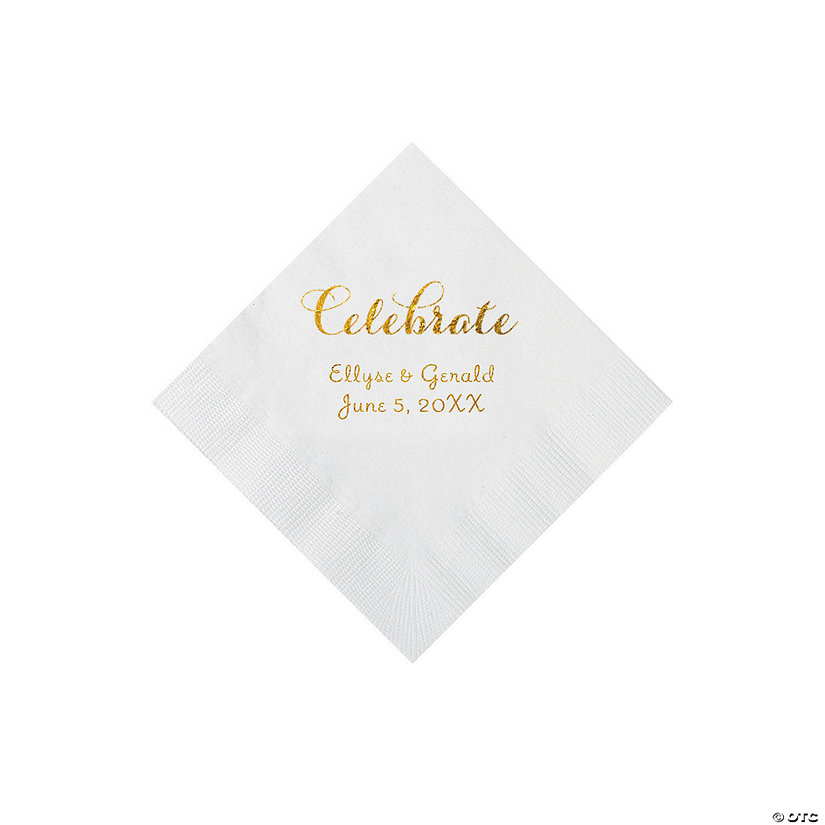 White Celebrate Personalized Napkins with Gold Foil Beverage