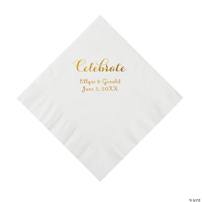 White Celebrate Personalized Napkins with Gold Foil - Luncheon Image Thumbnail