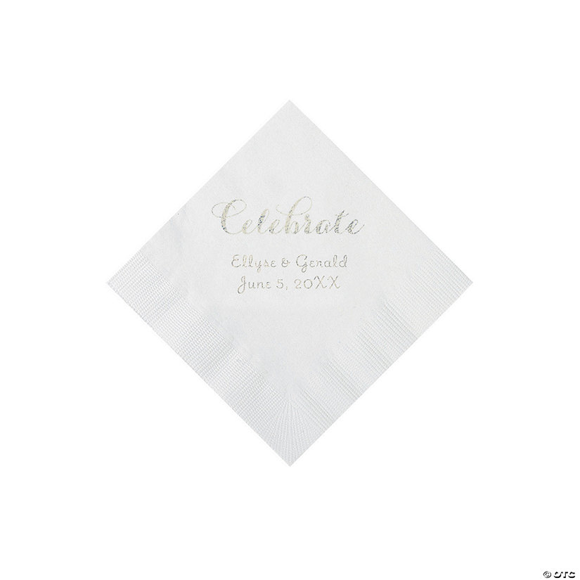 White Celebrate Personalized Napkins with Silver Foil - Beverage Image Thumbnail