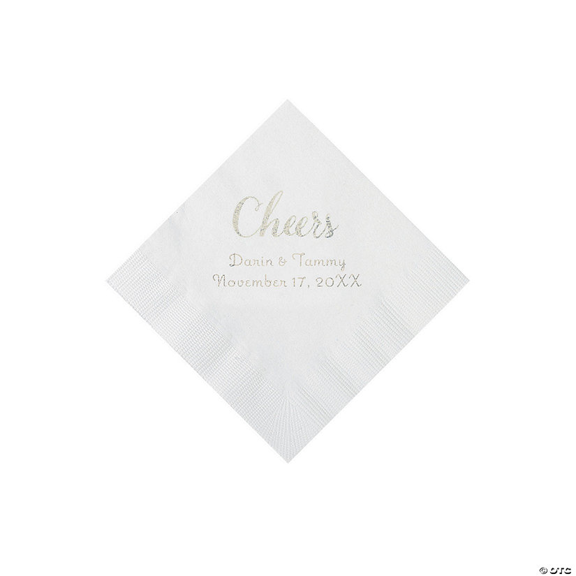 White Cheers Personalized Napkins with Silver Foil - Beverage Image Thumbnail