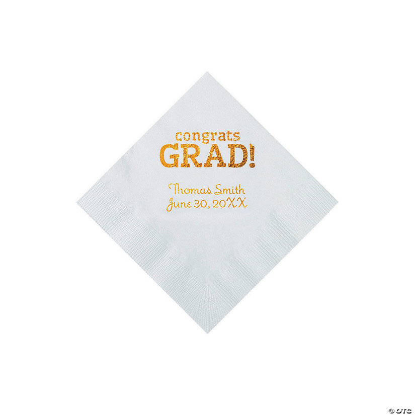 White Congrats Grad Personalized Napkins with Gold Foil - 50 Pc. Beverage Image