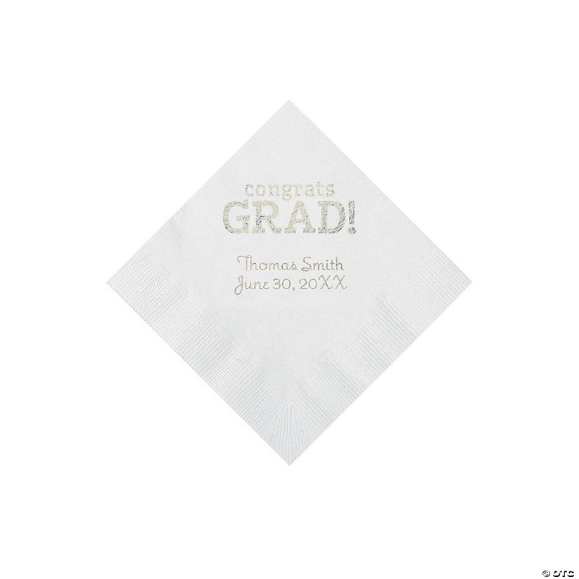 White Congrats Grad Personalized Napkins with Silver Foil - 50 Pc. Beverage Image