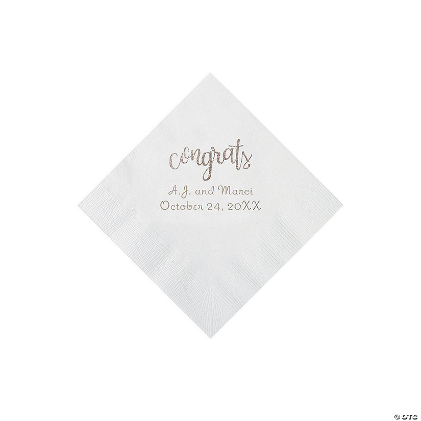 White Congrats Personalized Napkins with Silver Foil - Beverage Image