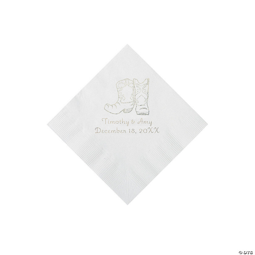 White Cowboy Boots Personalized Napkins with Silver Foil - Beverage Image Thumbnail