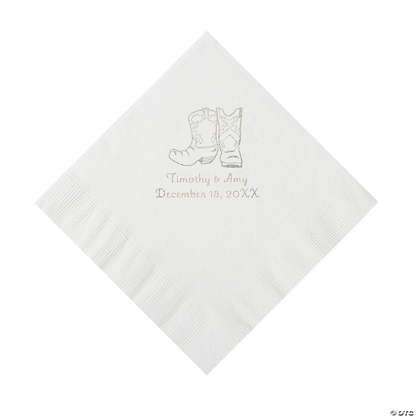 White Cowboy Boots Personalized Napkins with Silver Foil - Luncheon Image