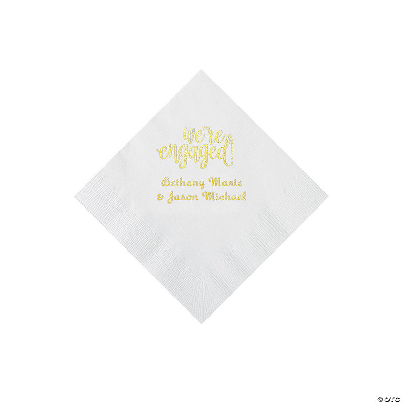 White Engaged Personalized Napkins with Gold Foil - Beverage Image Thumbnail