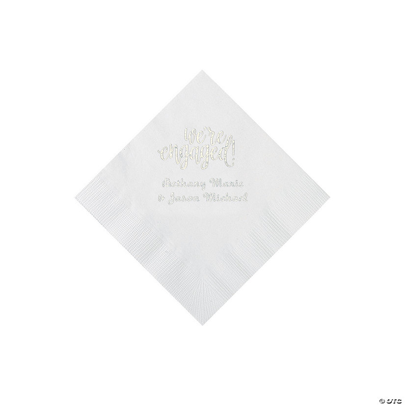 White Engaged Personalized Napkins with Silver Foil - Beverage Image Thumbnail