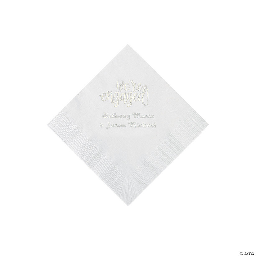 White Engaged Personalized Napkins with Silver Foil - Beverage Image