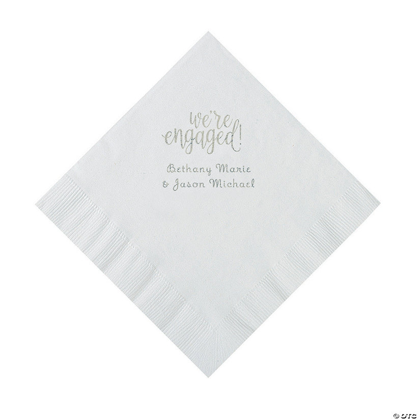 White Engaged Personalized Napkins with Silver Foil &#8211; Luncheon Image Thumbnail