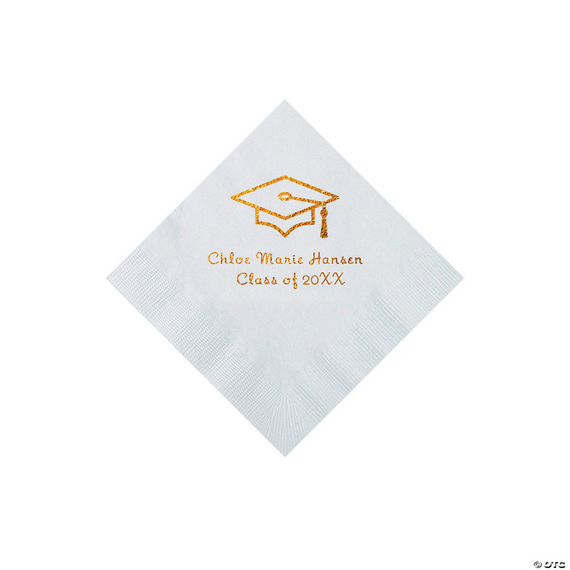 White Grad Mortarboard Personalized Napkins with Gold Foil - 50 Pc. Beverage Image