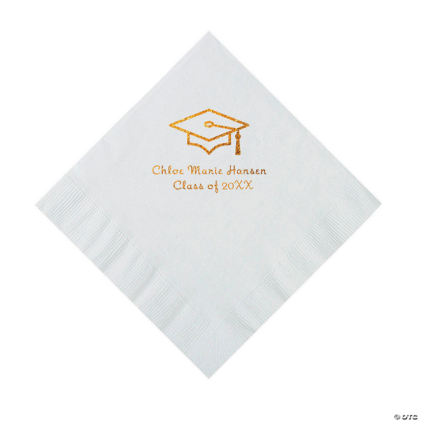 White Grad Mortarboard Personalized Napkins with Gold Foil - 50 Pc. Luncheon Image Thumbnail