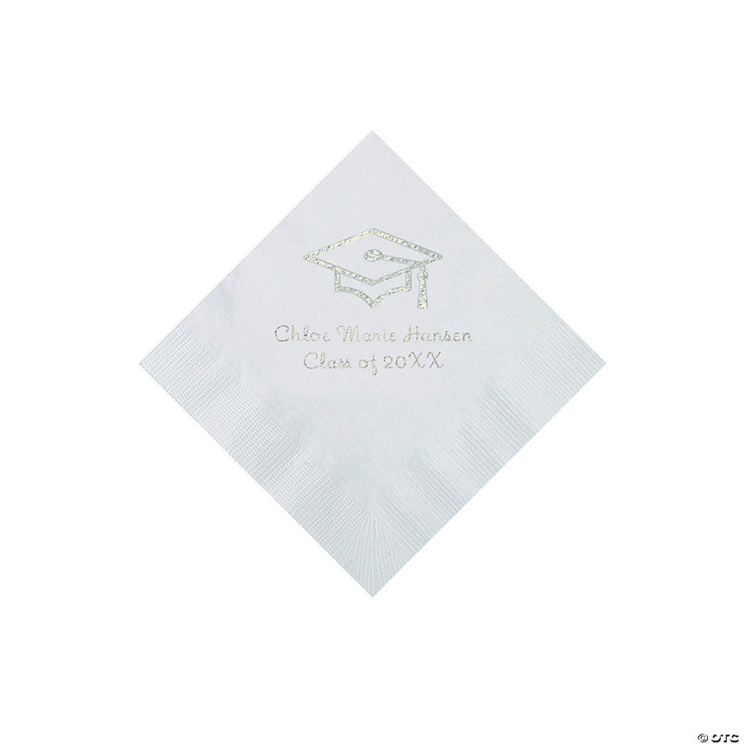 White Grad Mortarboard Personalized Napkins with Silver Foil - 50 Pc. Beverage Image
