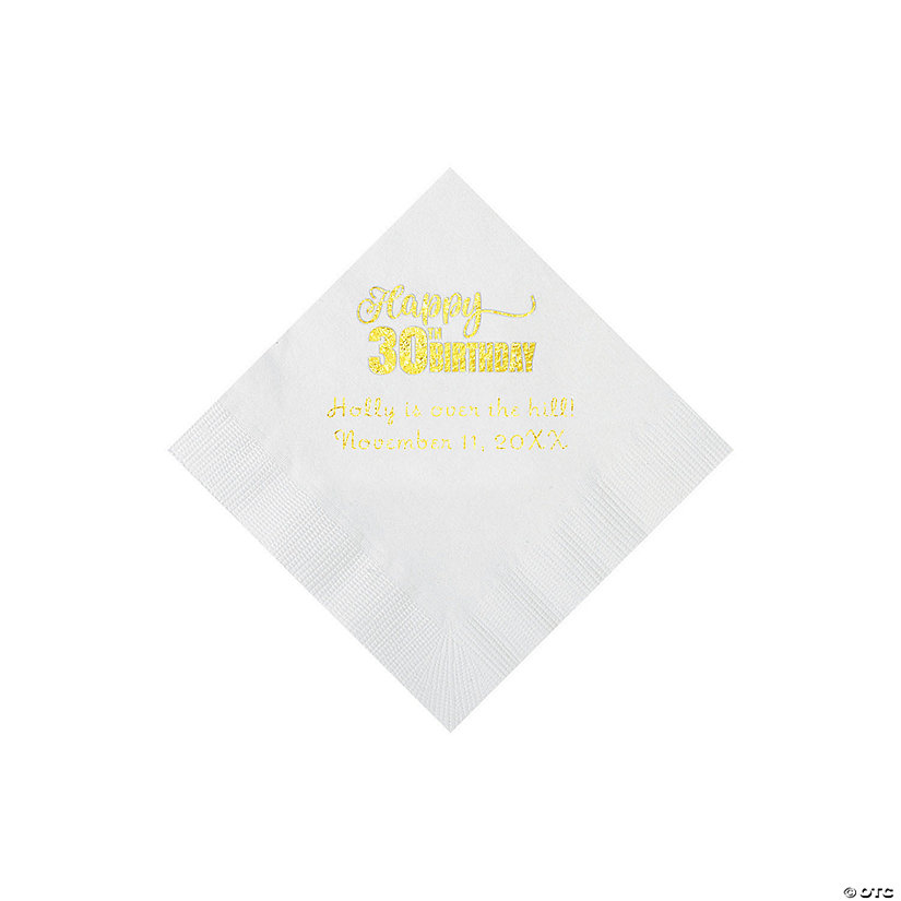 White Happy 30<sup>th</sup> Birthday Personalized Napkins with Gold Foil - 50 Pc. Beverage Image