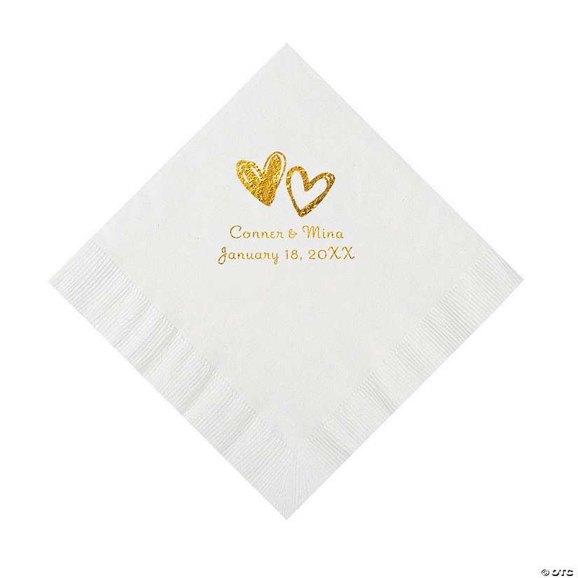 White Hearts Personalized Napkins with Gold Foil Luncheon Oriental