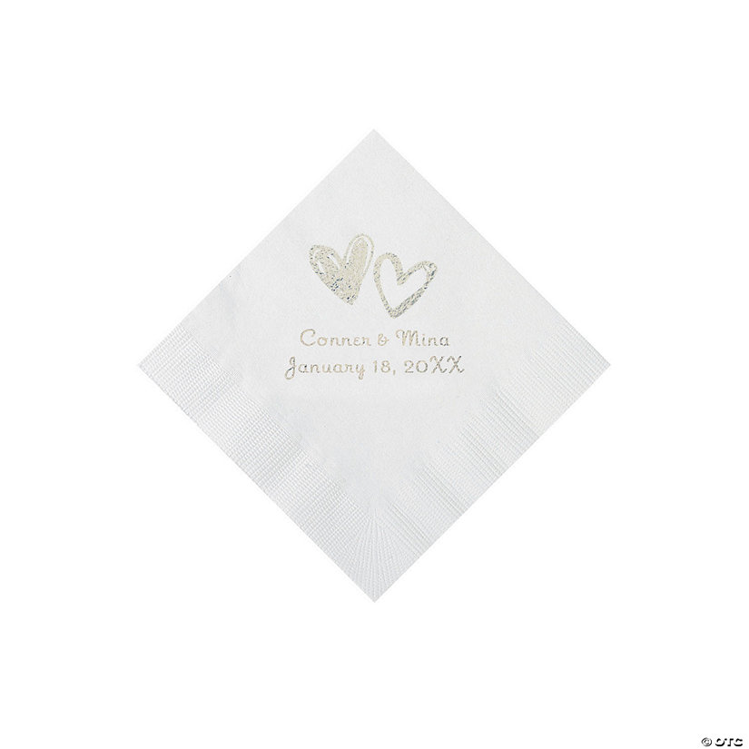 White Hearts Personalized Napkins with Silver Foil - Beverage Image