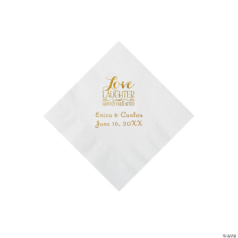 White Love Laughter & Happily Ever After Personalized Napkins with Gold Foil - Beverage Image Thumbnail