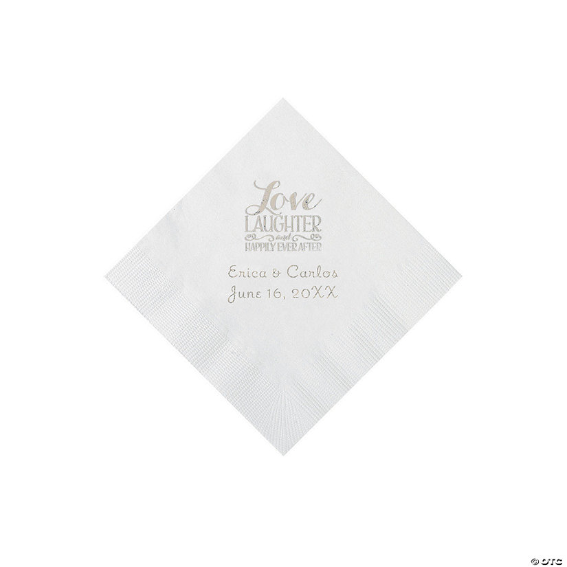 White Love Laughter & Happily Ever After Personalized Napkins with Silver Foil &#8211; Beverage Image Thumbnail