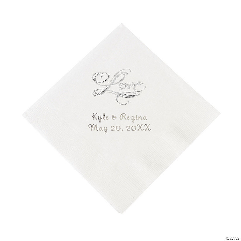 White &amp;#8220;Love&amp;#8221; Personalized Napkins with Silver Foil - Beverage Image