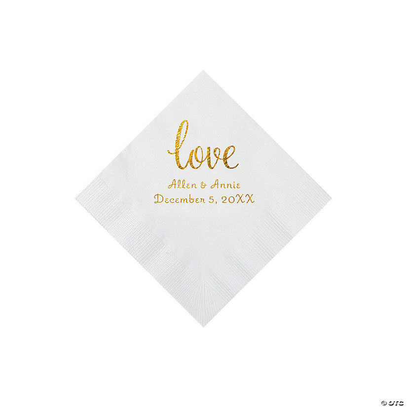 White Love Script Personalized Napkins with Gold Foil - Beverage Image
