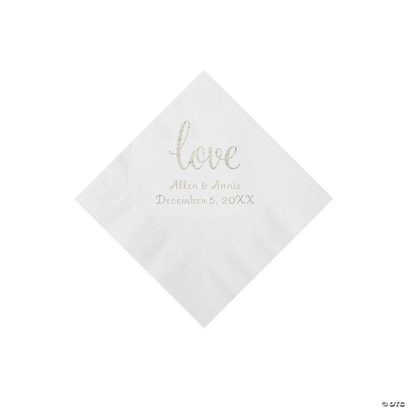 White Love Script Personalized Napkins with Silver Foil - Beverage Image Thumbnail