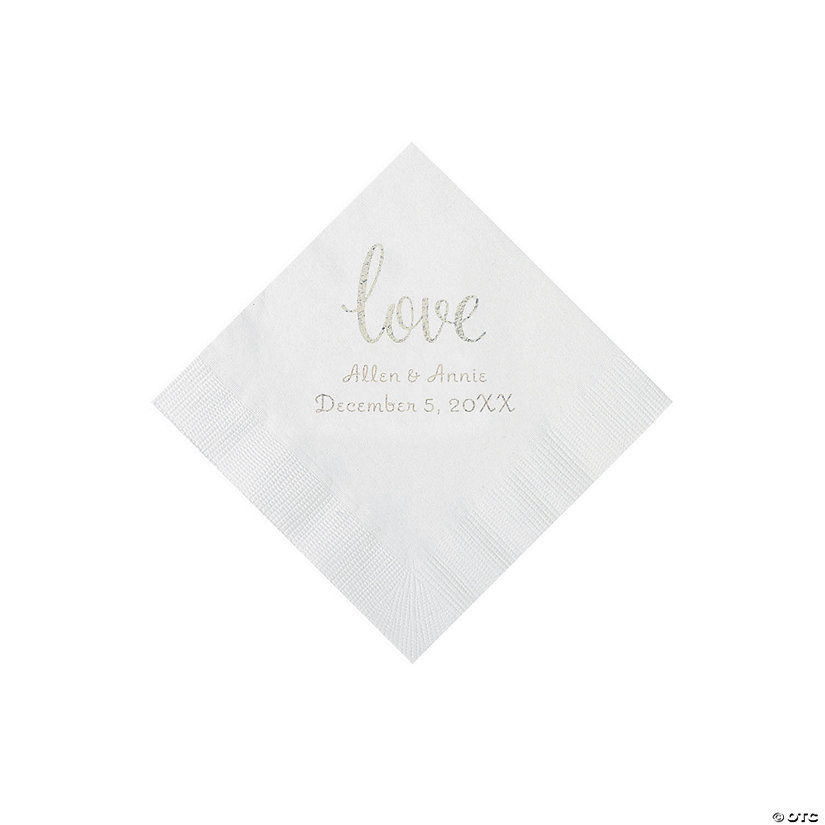 White Love Script Personalized Napkins with Silver Foil - Beverage Image