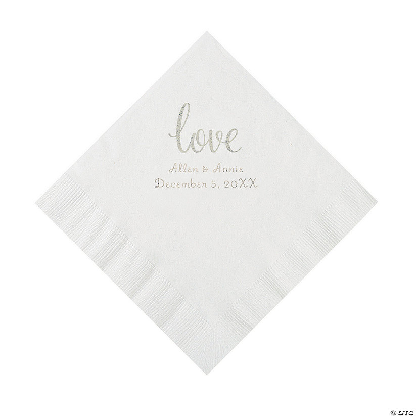 White Love Script Personalized Napkins with Silver Foil - Luncheon Image