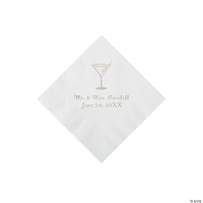 White Martini Glass Personalized Napkins with Silver Foil - Beverage Image Thumbnail