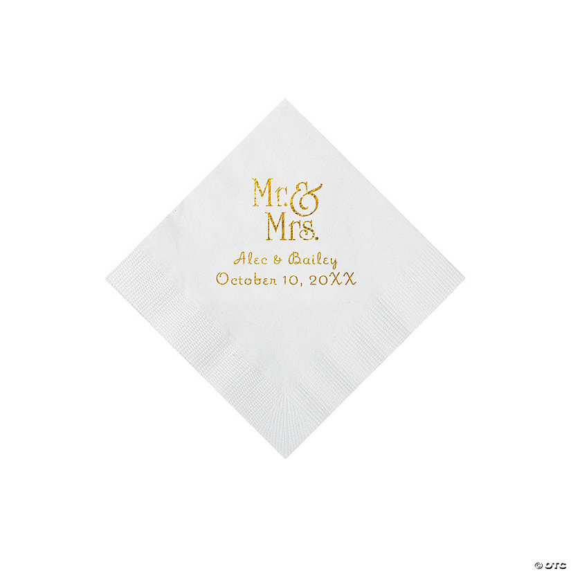 White Mr. & Mrs. Personalized Napkins with Gold Foil - 50 Pc. Beverage Image Thumbnail