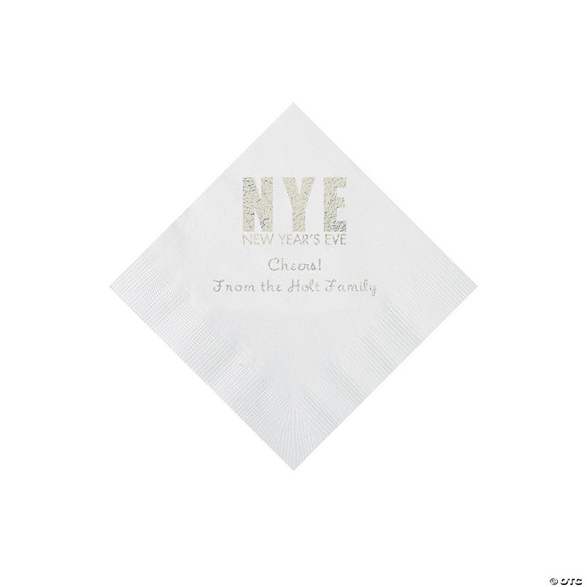 White New Year&#8217;s Eve Personalized Napkins with Silver Foil - Beverage Image Thumbnail