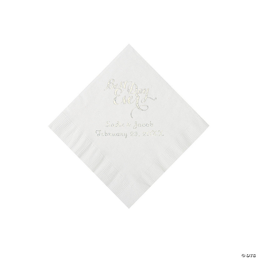 White Personalized Best Day Ever Napkins with Silver Foil - Beverage Image Thumbnail