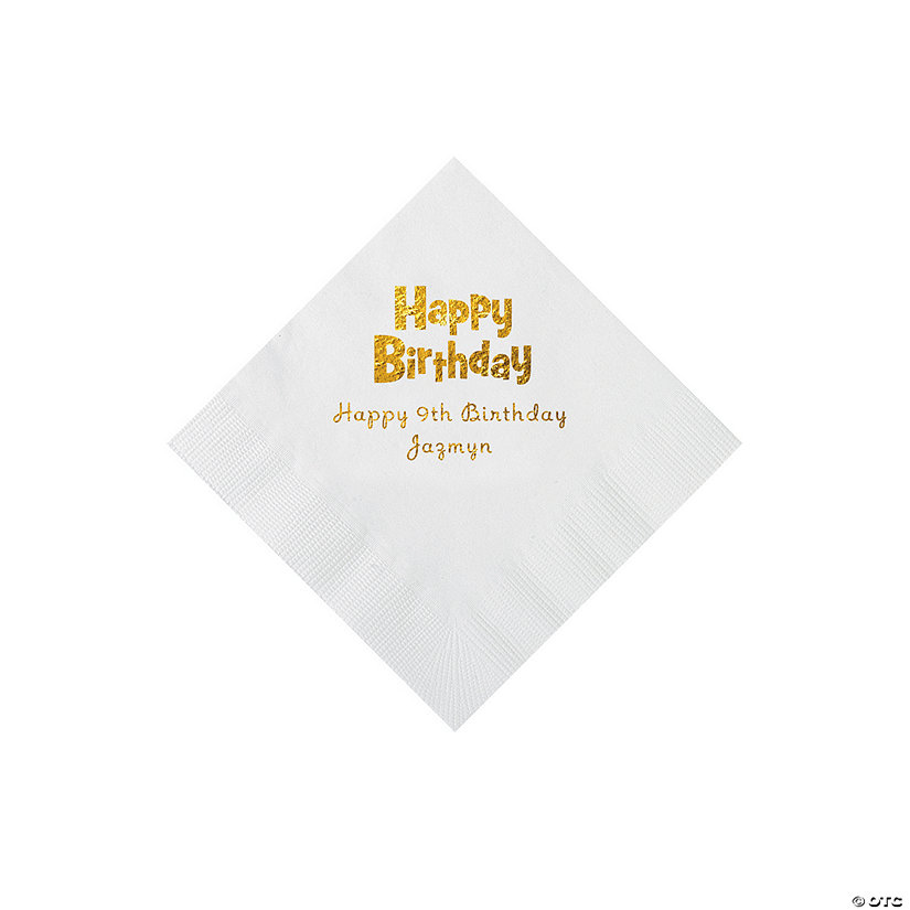 White Personalized Birthday Napkins with Gold Foil - 50 Pc. Beverage Image