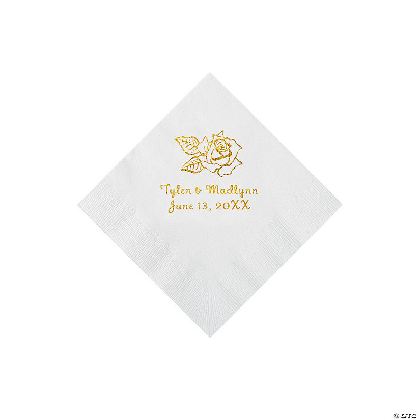 White Rose Personalized Napkins with Gold Foil - 50 Pc. Beverage Image