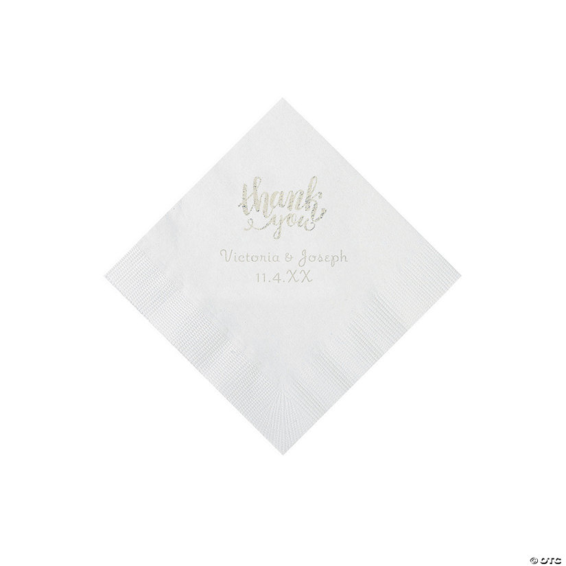 White Thank You Personalized Napkins with Silver Foil - Beverage Image Thumbnail